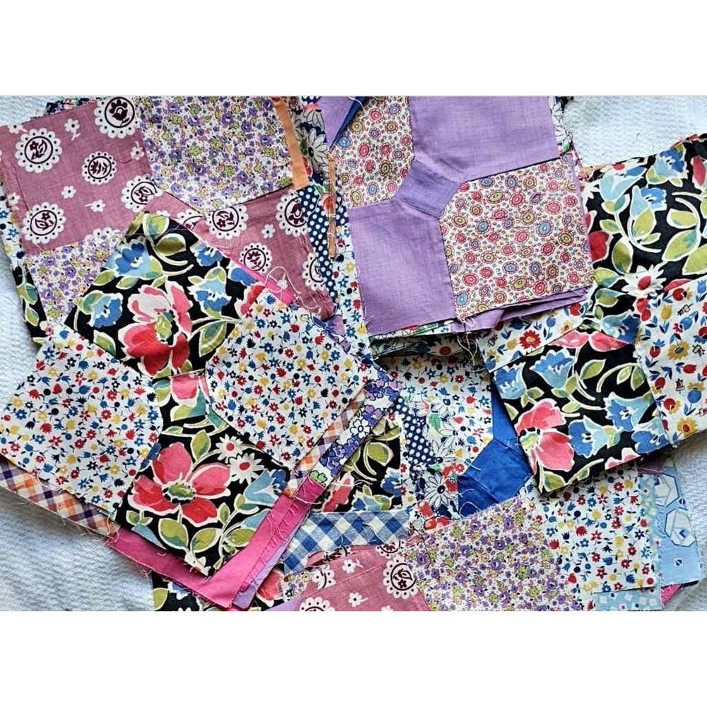 1.a.a.15 Vtg 7" Bow Tie Quilt Block Hand Pieced Scrappy Fabric Random Pull Block
